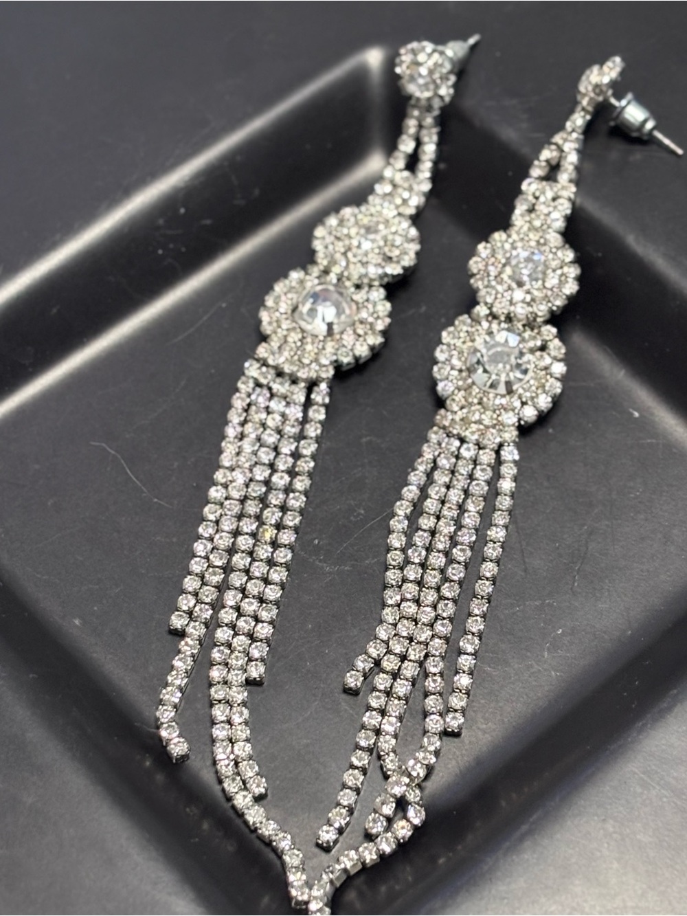 Gorgeous long rhinestone pierced earrings, dangle shoulder dusters